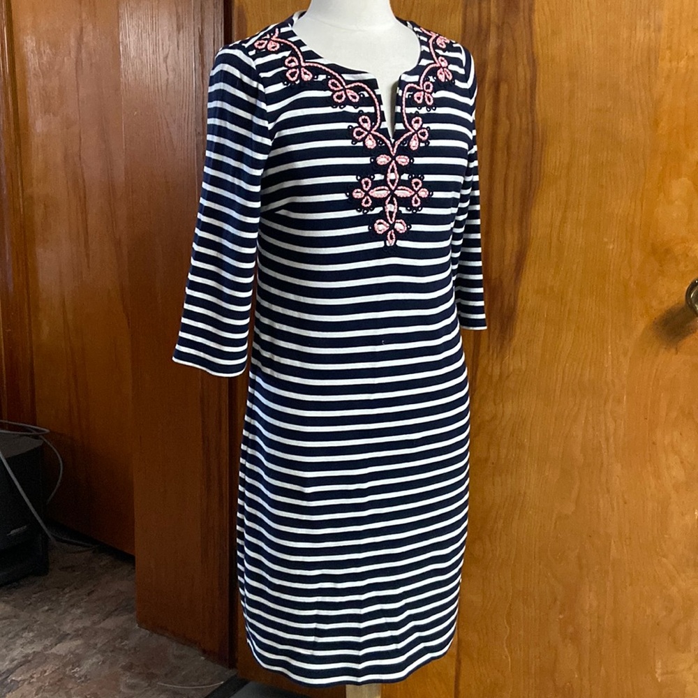 Talbots Navy Striped Nautical Dress Coral White Trim Neckline 3/4 sleeves MEDIUM